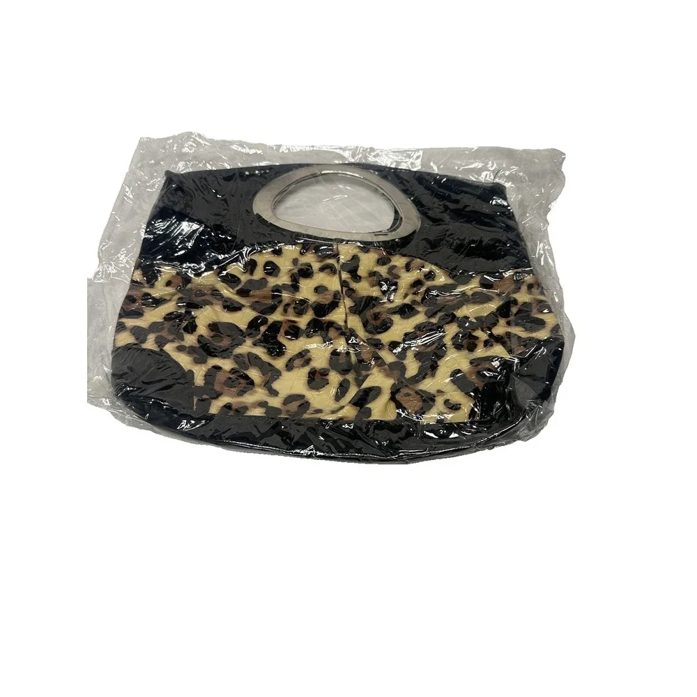 Leopard‎ Print Handbag Silver Metal Circle Handle Black Animal Print Tote Bag